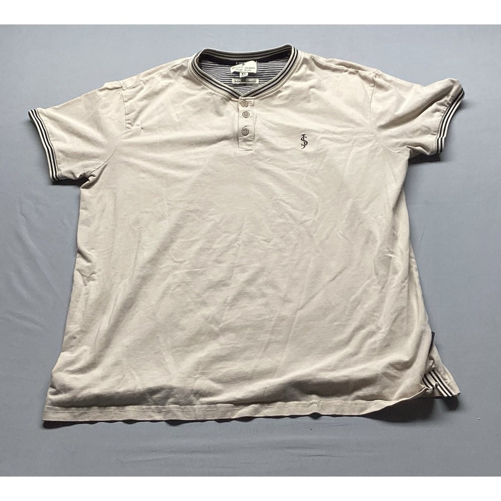 Scott James Mens Henley Shirt XL Cream Beige Short Sleeve 3 Button Stripe Trim